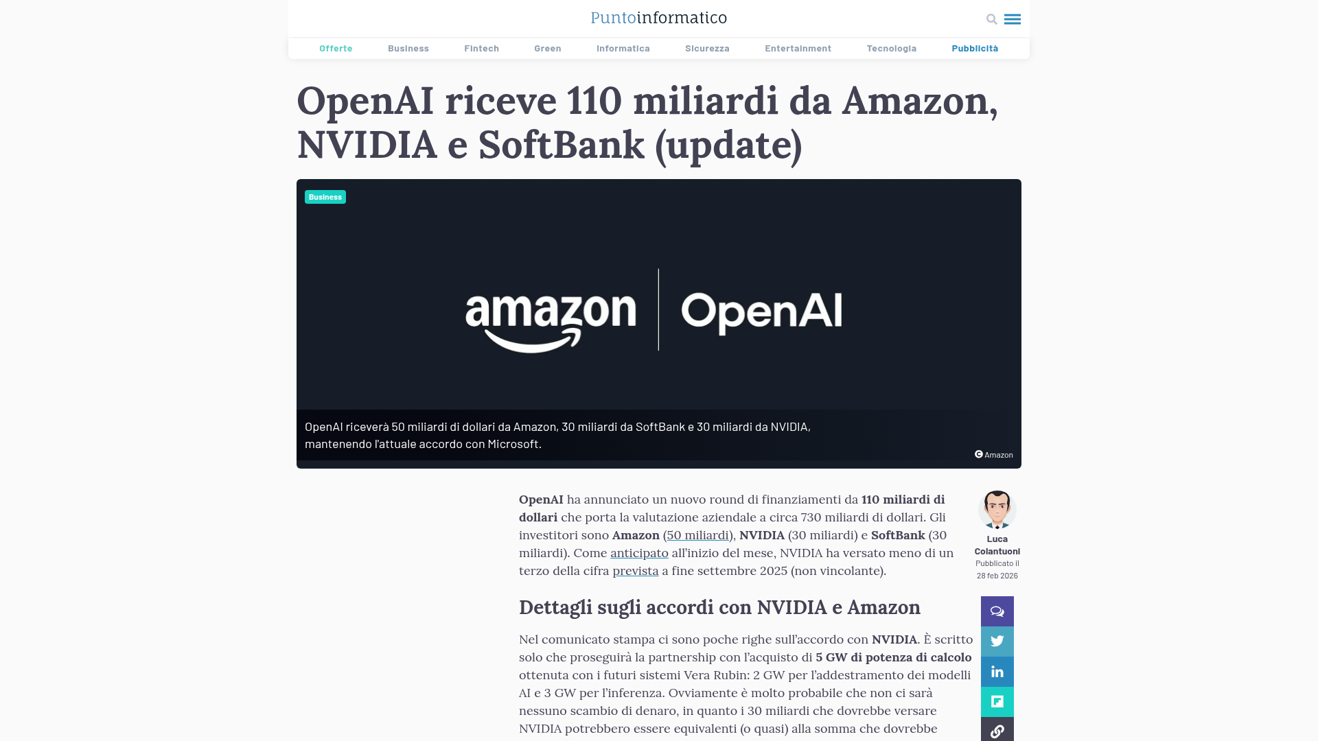OpenAI riceve 110 miliardi da Amazon, NVIDIA e SoftBank